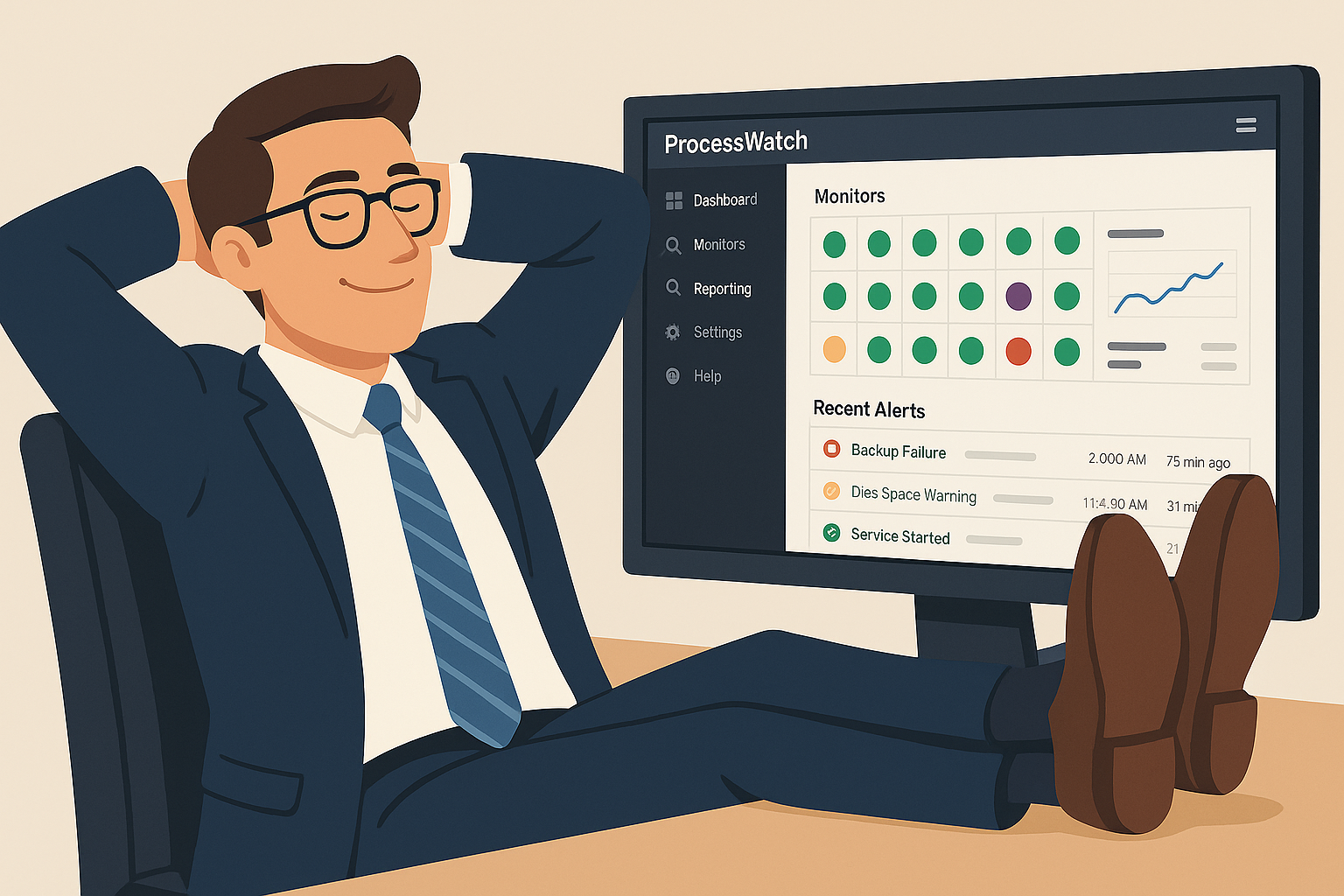 Relaxed MSP with ProcessWatch dashboard on screen