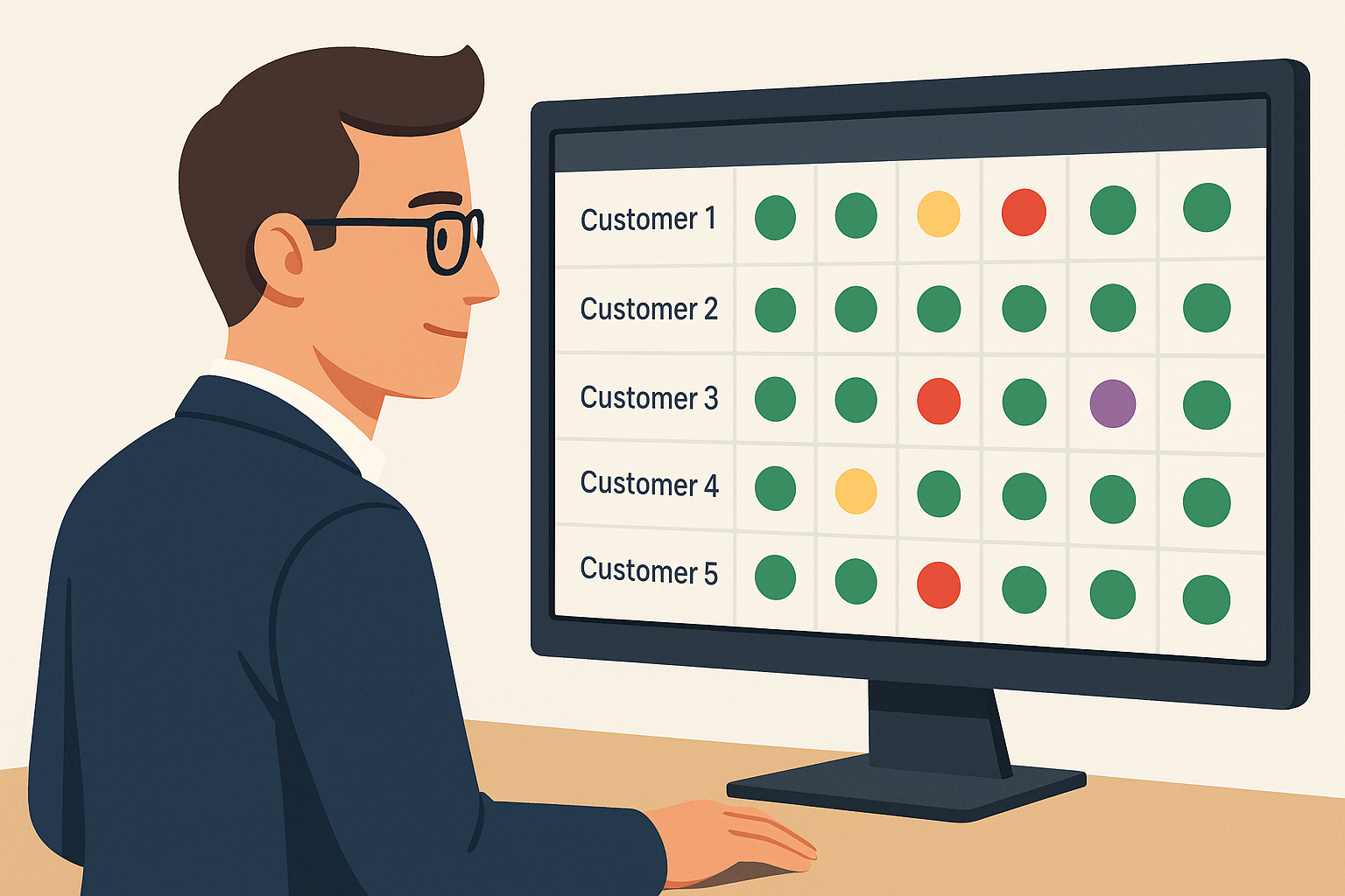 Technician using ProcessWatch dashboard showing rows of customers and columns of categories with colored status circles